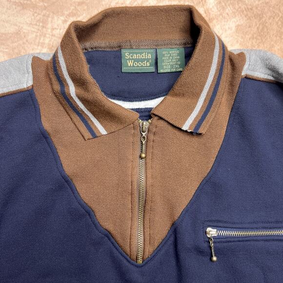 Vintage 90s Scandia Woods Quarter Zip Sweatshirt Navy Brown Long Sleeve Gorpcore - Picture 4 of 7
